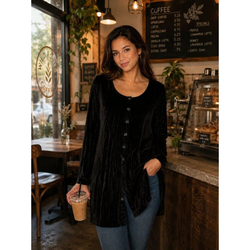 Citiknits Long Black Button Down Split Front Versatile Slinky Knit Y2K Cardigan